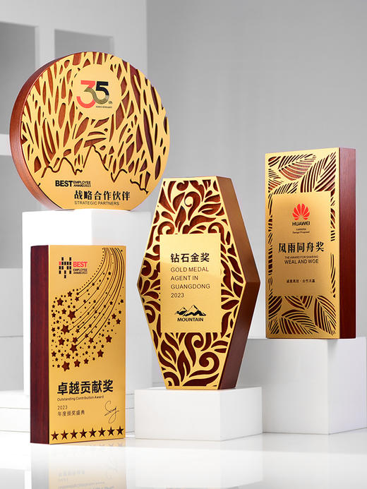 奖杯定制2023新款创意几何图形金属镂空实木奖杯优秀员工奖牌订做 商品图0