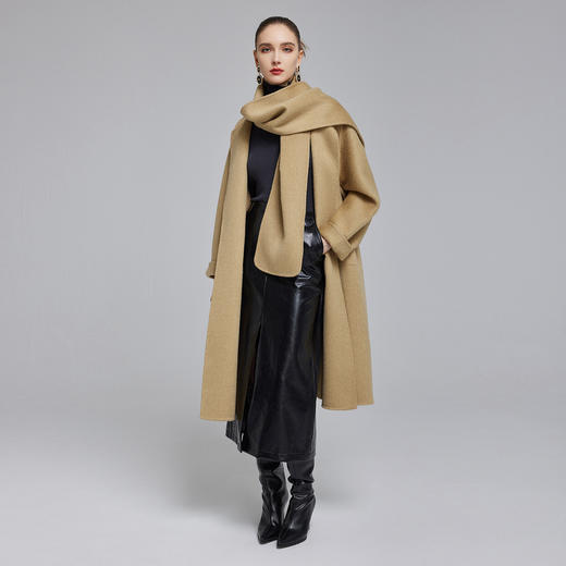 NH920斯尔丽23冬季新款设计感圆领宽松显瘦配毛呢大围巾中长羊毛大衣 商品图3