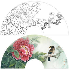 【大彩图】李晓明工笔画白描底稿扇面小品《蜡嘴魏紫》牡丹临摹勾线花鸟线稿K001