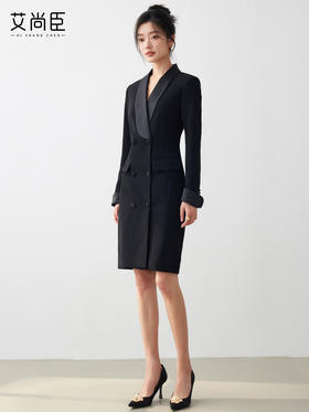 艾尚臣黑色连衣裙女秋冬新款时尚气质OL通勤青果领修身显瘦西装裙
