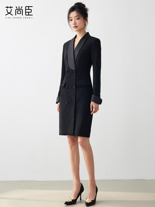 艾尚臣黑色连衣裙女秋冬新款时尚气质OL通勤青果领修身显瘦西装裙 商品图0