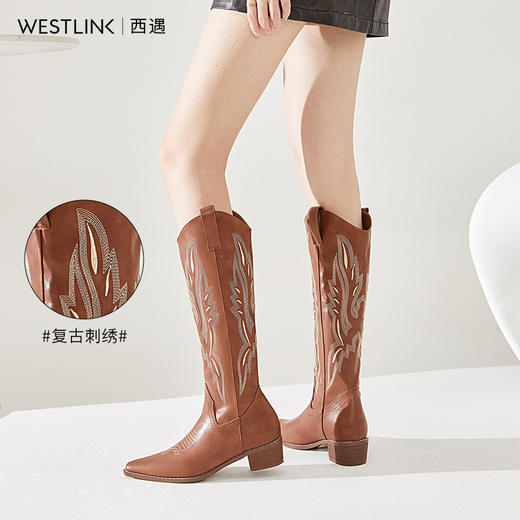 西遇西部牛仔靴子女新款秋季马丁靴美式复古刺绣棕色长筒靴D0034051/D0034052 商品图3