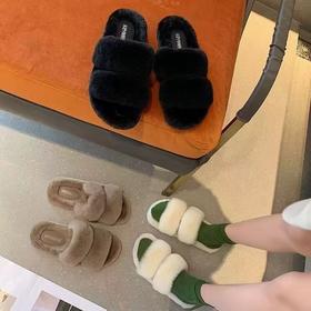 韩版厚底一字毛毛拖鞋 内含弹力鞋垫 按摩呵护缓解疲劳 内里舒适透气 细腻贴肤 不臭脚