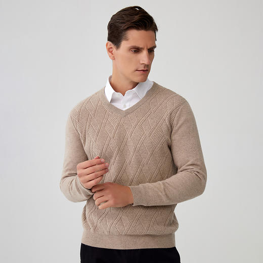 【菱形绞花V领纯羊绒套衫】羊绒世家秋冬新品男士100%山羊绒内搭保暖针织毛衣 商品图2