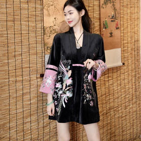 FLZD-A9441原创设计新款民族风复古刺绣国风V领宽松长款绣花丽丝绒外套女