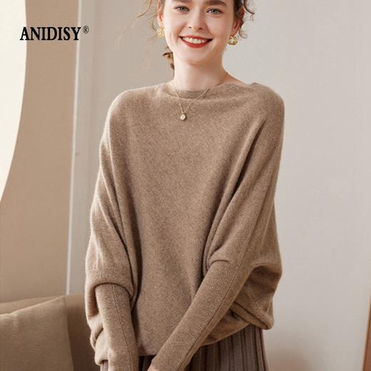 一字领长袖不规则羊绒针织套头蝙蝠衫 商品图1