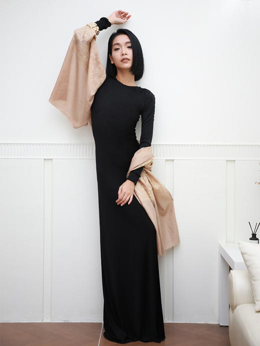 CG｜silk Jersey round neck MAXI Dress 真丝圆领长袖针织连衣裙［ 黑 ] 商品图1