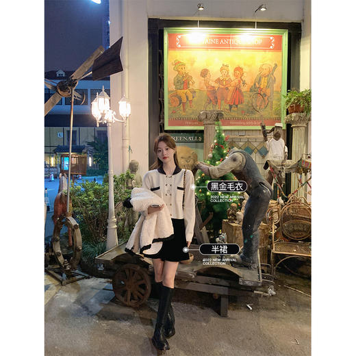 金蘑菇菇 苏格兰日记 / 英式少女系三件套  黑白香风短款毛毛外套 商品图1