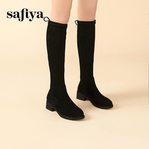 Safiya/索菲娅2023冬季显腿长弹力显瘦后系带粗跟高筒靴 SF34117014 商品图1