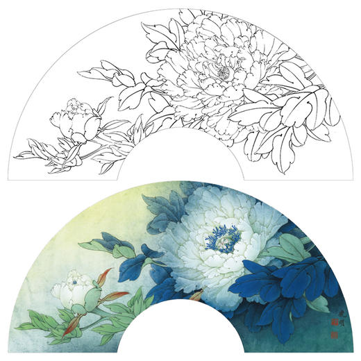 【大彩图】李晓明工笔画白描底稿扇面小品《夜光白》牡丹临摹勾线花鸟线稿K003 商品图0