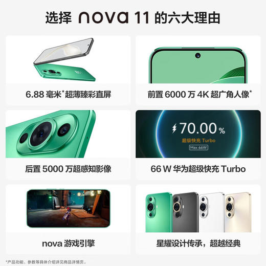 HUAWEI nova 11 前置6000万超广角人像 6.88毫米超薄臻彩直屏 256GB 曜金黑 华为鸿蒙智能手机 商品图2