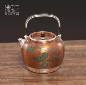 臻宝堂银壶9999纯银烧水壶纯手工雕刻葫芦茶壶家用茶器铜包银壶 流金岁月-福禄万代（样品）