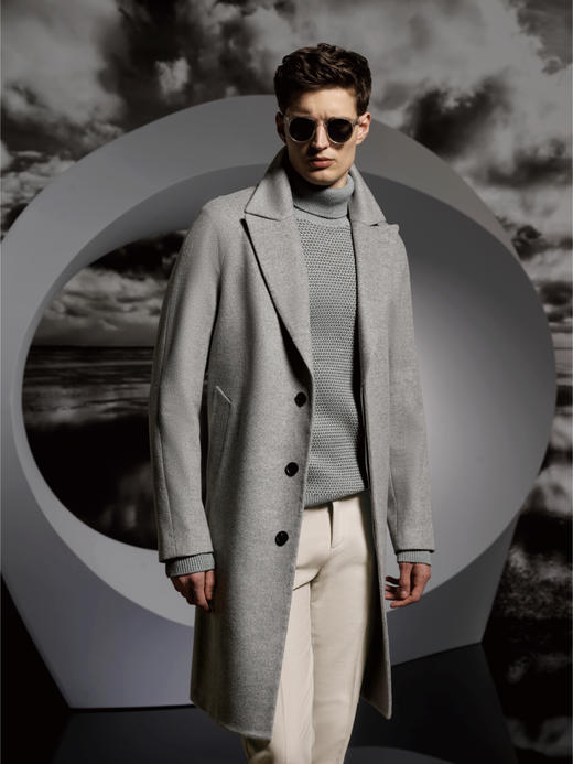 Stylbiella 10%羊绒90%羊毛浅灰色Melange插肩袖切斯菲尔德大衣 商品图0