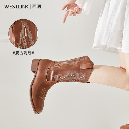 西遇西部牛仔靴子女新款秋季马丁靴美式复古刺绣棕色长筒靴D0034051/D0034052 商品图2