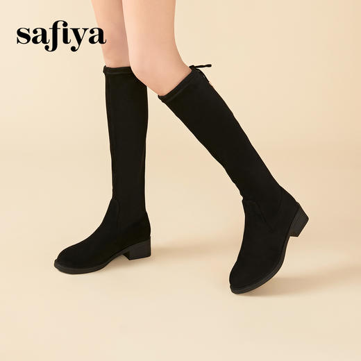 Safiya/索菲娅2023冬季显腿长弹力显瘦后系带粗跟高筒靴 SF34117014 商品图2