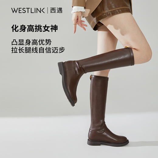 西遇长筒骑士靴女新款秋冬英伦风锁扣弹力高筒靴不过膝长靴子D0034270/D0034413 商品图2
