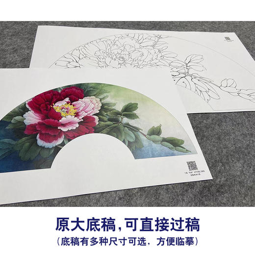 【大彩图】李晓明工笔画白描底稿扇面小品《二乔》牡丹临摹勾线花鸟线稿K007 商品图1