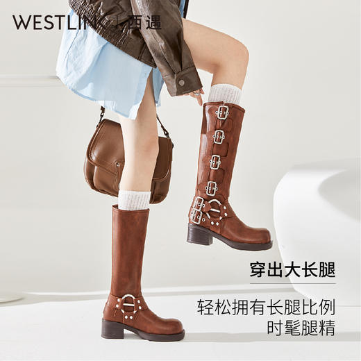 西遇复古骑士靴女新款秋季美式西部机车棕色中筒厚底马丁靴子D0033849 商品图2