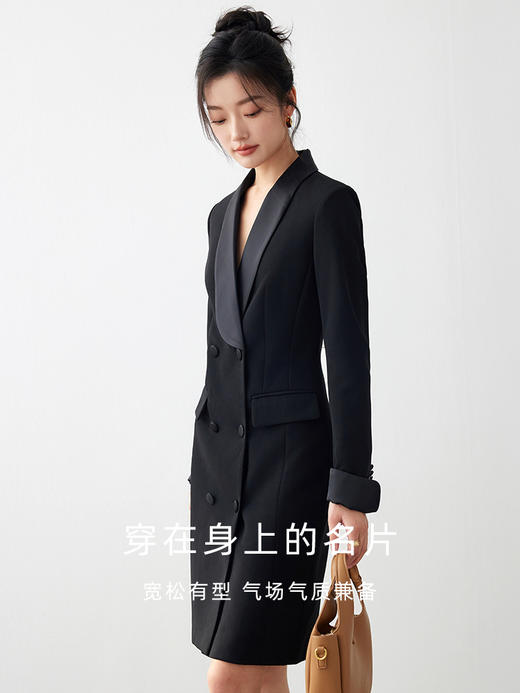 艾尚臣黑色连衣裙女秋冬新款时尚气质OL通勤青果领修身显瘦西装裙 商品图3