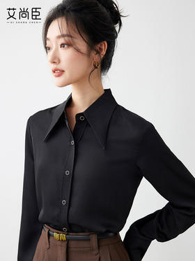艾尚臣【美拉德穿搭】黑色衬衫女设计感洋气通勤职业长袖衬衣气质