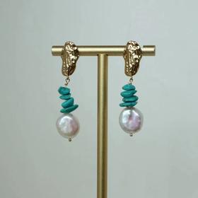 pearlside	【新中式】绿松石纽扣珍珠耳饰