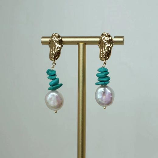 pearlside	【新中式】绿松石纽扣珍珠耳饰 商品图0