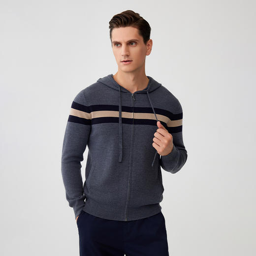 【纯羊毛连帽运动外套】23年秋冬新品男士100%羊毛针织外套时尚条纹撞色运动外套 商品图2