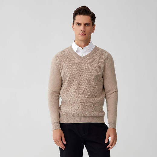 【菱形绞花V领纯羊绒套衫】羊绒世家秋冬新品男士100%山羊绒内搭保暖针织毛衣 商品图0