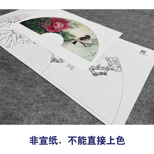 【大彩图】李晓明工笔画白描底稿扇面小品《蜡嘴魏紫》牡丹临摹勾线花鸟线稿K001 商品图2