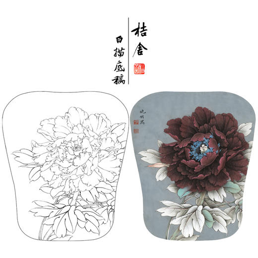【大彩图】李晓明工笔画白描底稿宫扇《墨花魁》牡丹临摹勾线花鸟线稿K009 商品图0