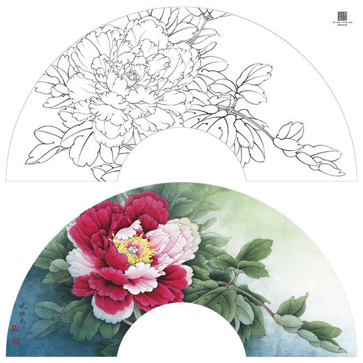 【大彩图】李晓明工笔画白描底稿扇面小品《二乔》牡丹临摹勾线花鸟线稿K007 商品图0