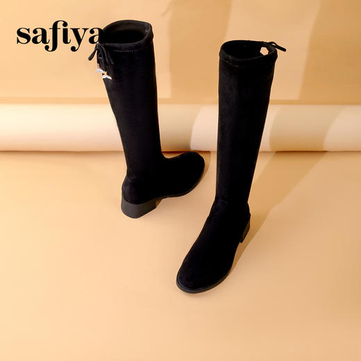 Safiya/索菲娅2023冬季显腿长弹力显瘦后系带粗跟高筒靴 SF34117014 商品图5