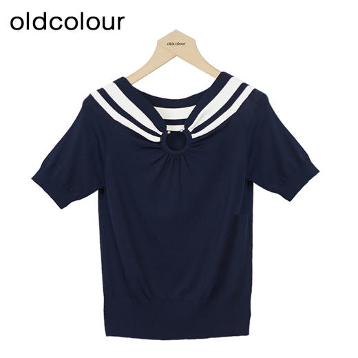 oldcolour撞色短袖针织衫秋季新款休闲海军领套头衫女GO31052853 商品图1