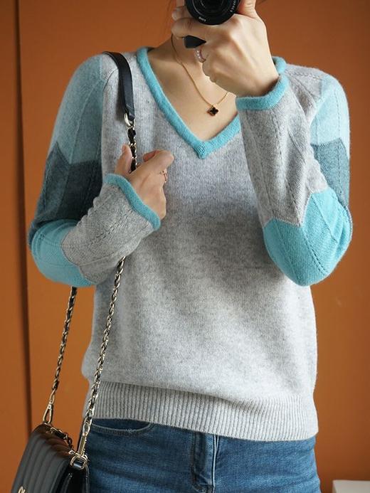 QHJY-JY807撞色羊毛衫女V领 23秋冬新款女装V领套头拼接彩色保暖针织毛衣女 商品图0