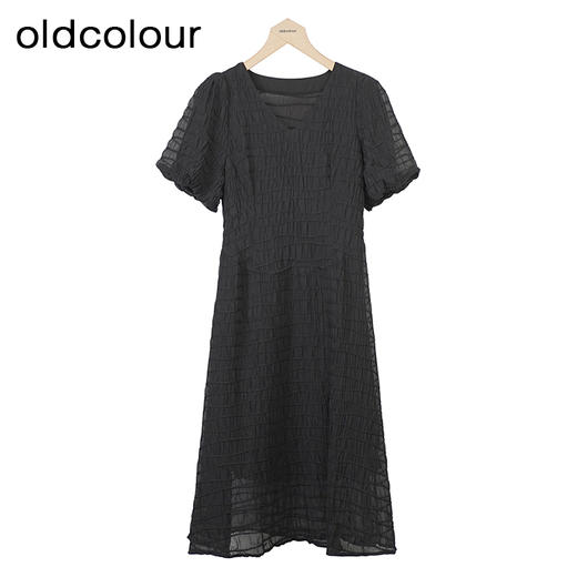 oldcolour黑色V领洋装秋季新款高腰显瘦A字中长裙女GO31101820 商品图0