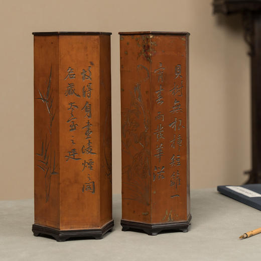 清 红木贴簧六角诗文帽筒（一对） 商品图3