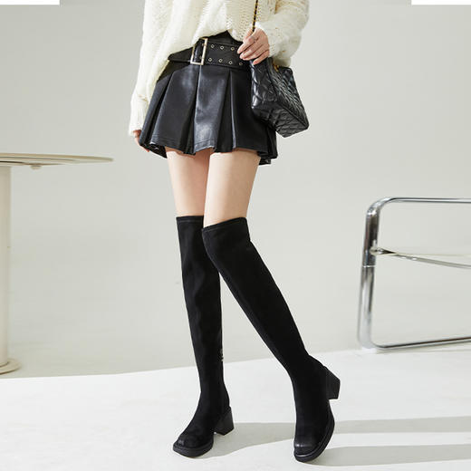 西遇超长过膝靴女新款秋冬显瘦弹力绒面长筒靴粗跟厚底长靴子D0034379 商品图0