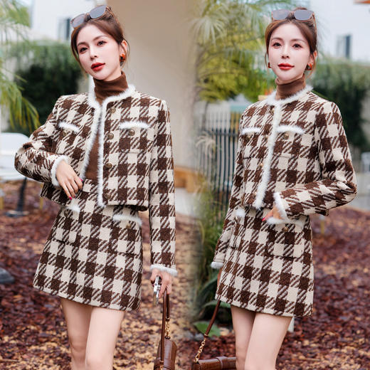 秋冬新款，气质千鸟格拼接貂毛白鸭绒两件套HR-YJLY8067 商品图2