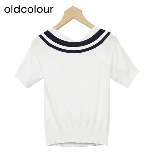 oldcolour撞色短袖针织衫秋季新款休闲海军领套头衫女GO31052853 商品图2