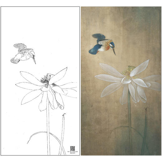 【大彩图】李晓明工笔画白描底稿《独舞晨风中》荷花临摹勾线花鸟线稿K080 商品图0