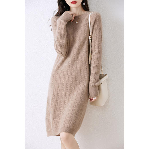 QHJY-JY872羊毛衫中长款毛衣裙 秋冬新款提花圆领麻花长袖打底衫女毛衣 商品图1