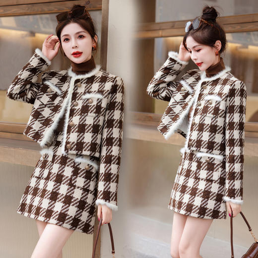 秋冬新款，气质千鸟格拼接貂毛白鸭绒两件套HR-YJLY8067 商品图0