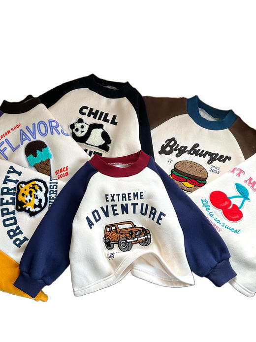 【冬季加绒卫衣！宽松舒适】秋冬儿童加绒加厚撞色洋气套头保暖卫衣，卡通圆领长袖女宝宝男童装，螺纹领口 贴合颈部，毛巾绣 帅气有型 螺纹下摆 合身版型lm 商品图10