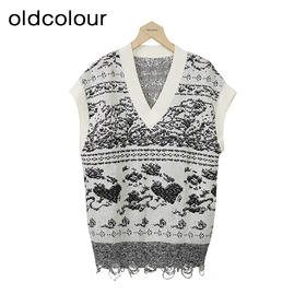 oldcolour复古V领背心秋季新款气质毛边套头针织衫女O34051428