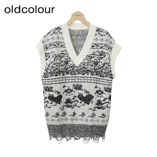 oldcolour复古V领背心秋季新款气质毛边套头针织衫女O34051428 商品图0