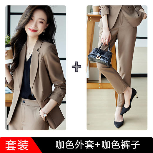 ALBB-咖色小西装套装女2023早秋新款韩版时尚修身职业装西服两件套 商品图5