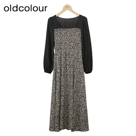oldcolour碎花连衣裙秋季新款高腰气质方领长袖中长裙GO31103028 商品图0