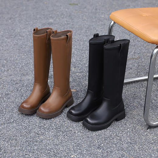 西遇复古骑士靴女新款秋冬美拉德长筒靴棕色方头厚底高筒长靴V0034339 商品图4