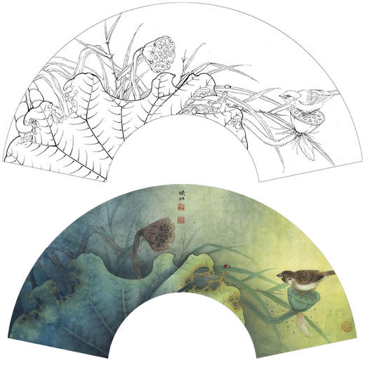 【大彩图】李晓明工笔画白描底稿扇面小品《荷花》临摹勾线花鸟线稿K074 商品图0