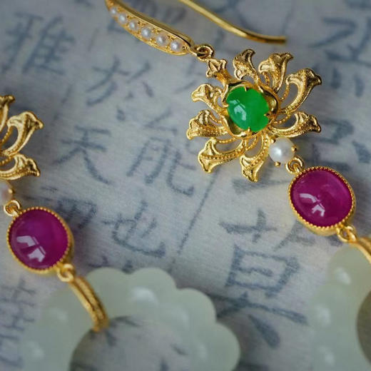 龢盒原创 和田白玉连珠环翡翠红宝石耳坠耳环 商品图2
